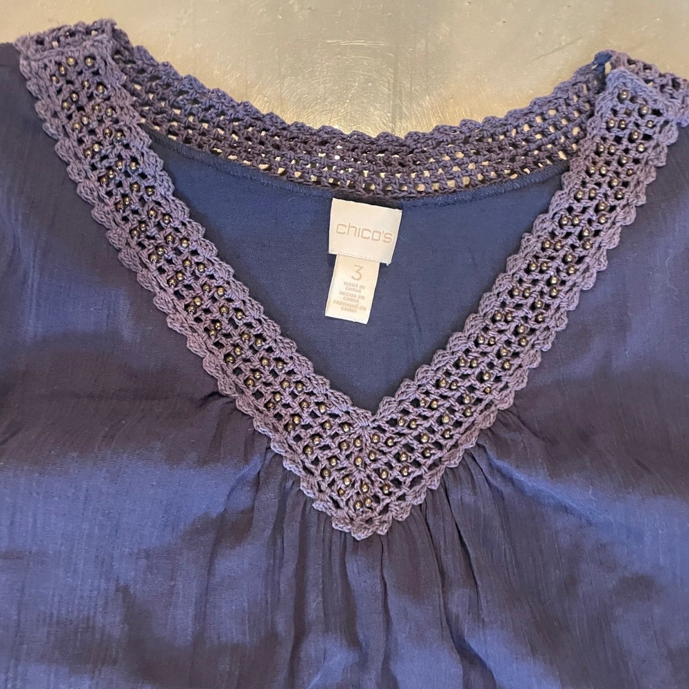 Chico's Crinkle Gauze Guilana Maxi Dress Size 3 XL Midnight Blue Beaded V-Neck - Picture 3 of 7